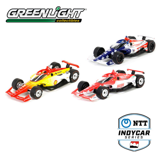 GREENLIGHT 2023 Indianapolis 500 Podium 3-Car Set - #2 Josef Newgarden, Team Penske / Shell Oil, #8 Marcus Ericsson, Chip Ganassi Racing / Huski Ice Spritz, #14 Santino 1:64 - 11581