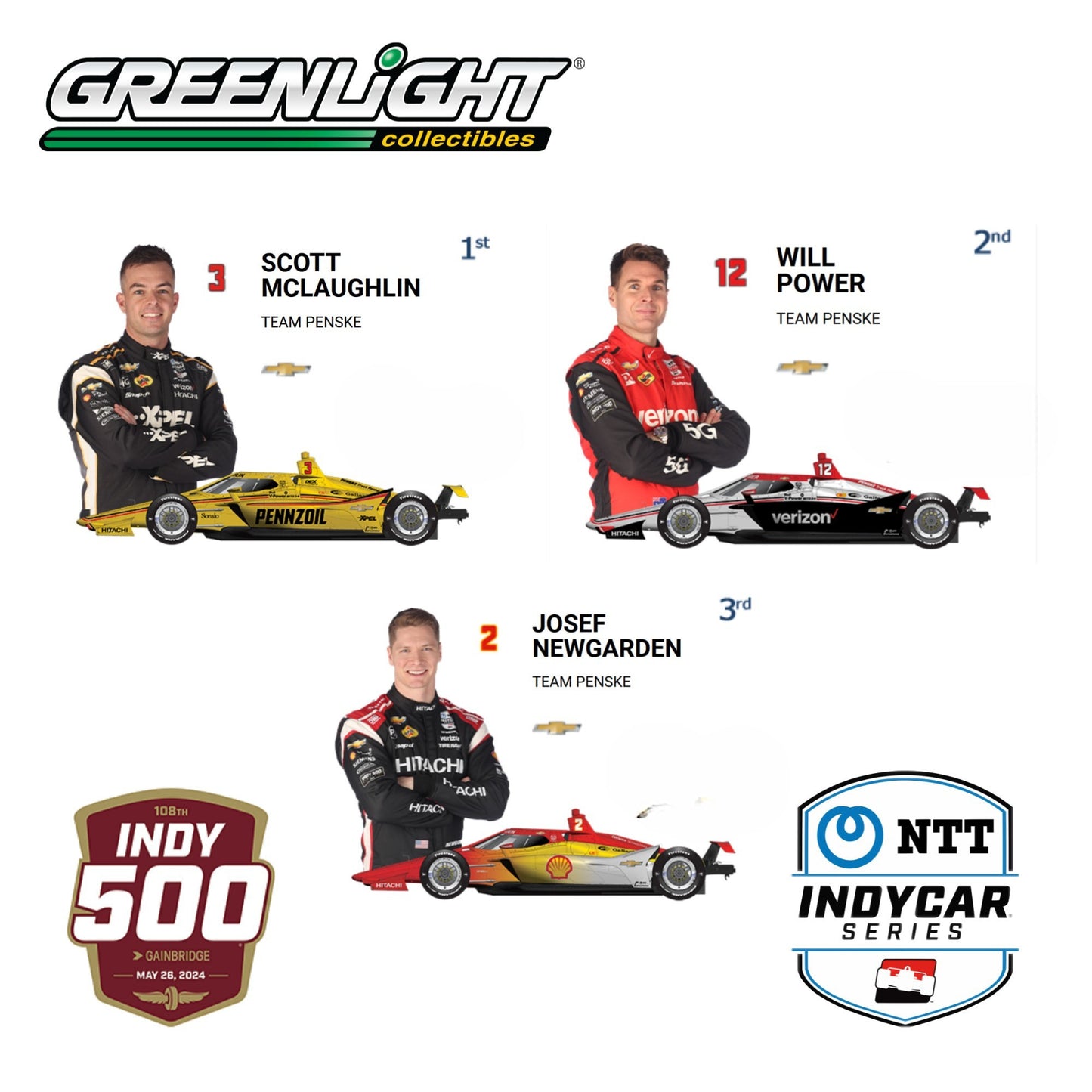 GREENLIGHT 2024 INDY500 Team Penske Front Row 3 Car Set 1:64 - 11611