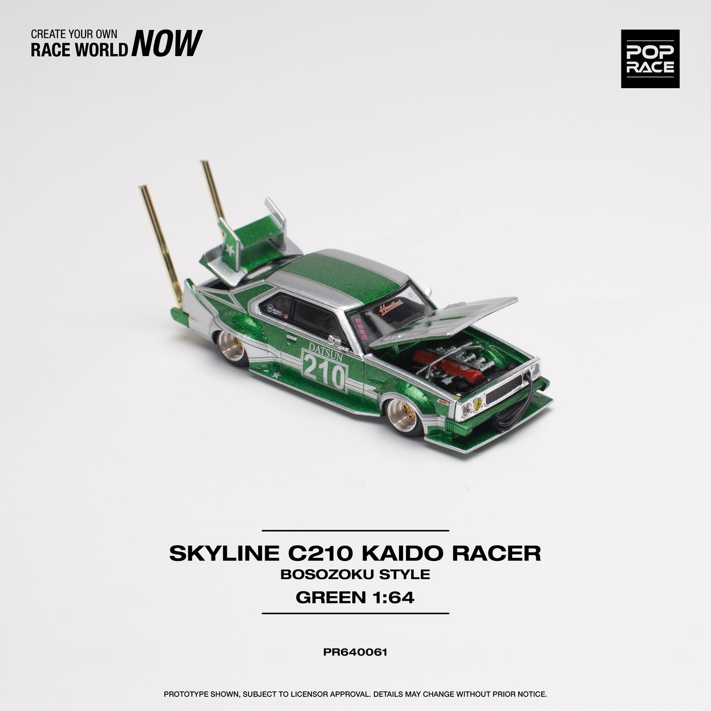 POP RACE Nissan Skyline C210 Kaido Racer (Bosozoku Style) Silver/Green 1:64 - PR640061