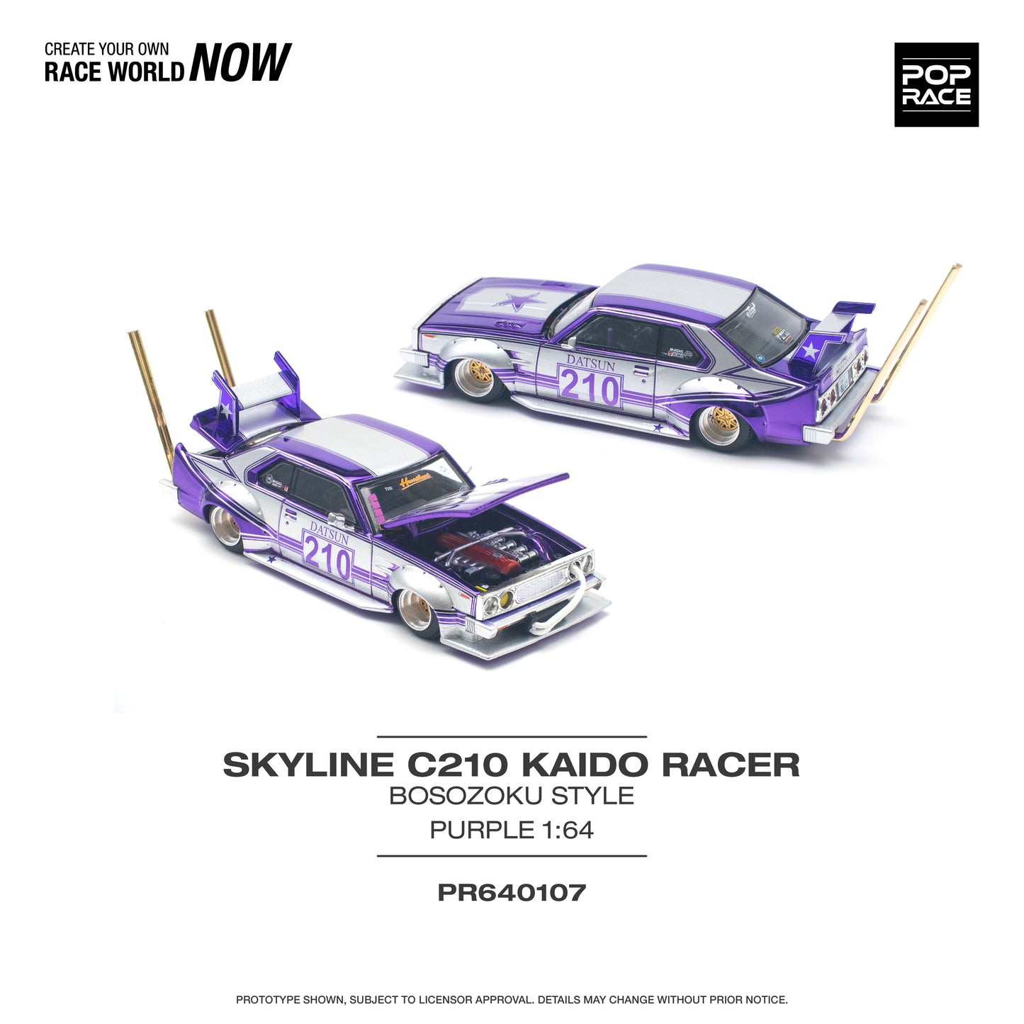 POP RACE Nissan Skyline C210 Kaido Racer (Bosozoku Style) Purple Chrome/Silver 1:64 - PR640107