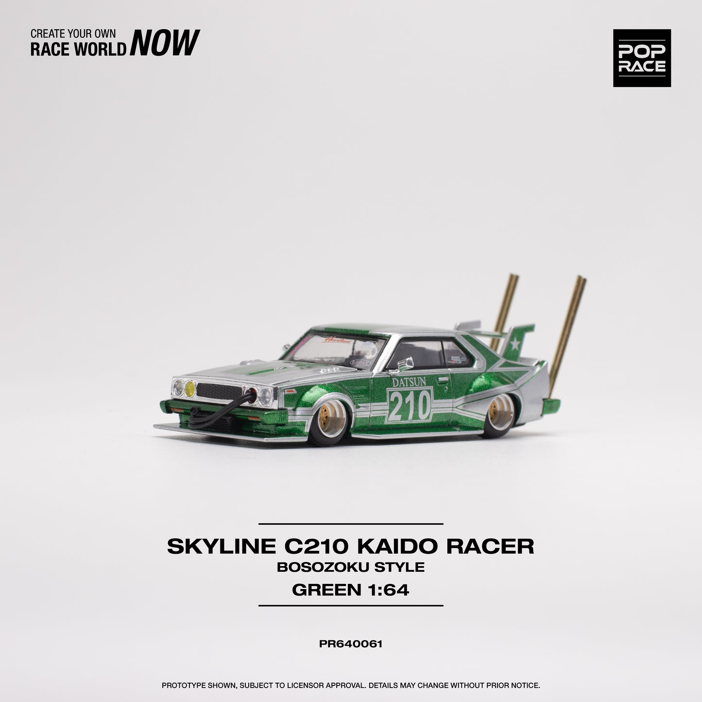 POP RACE Nissan Skyline C210 Kaido Racer (Bosozoku Style) Silver/Green 1:64 - PR640061