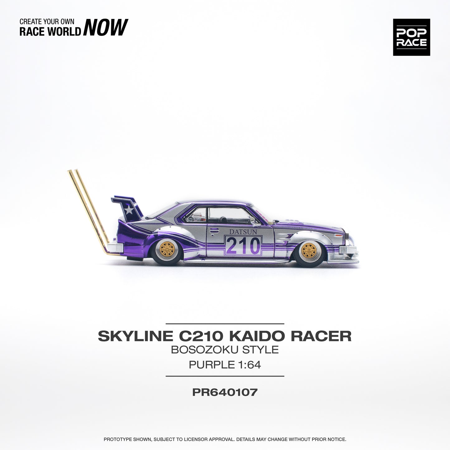 POP RACE Nissan Skyline C210 Kaido Racer (Bosozoku Style) Purple Chrome/Silver 1:64 - PR640107