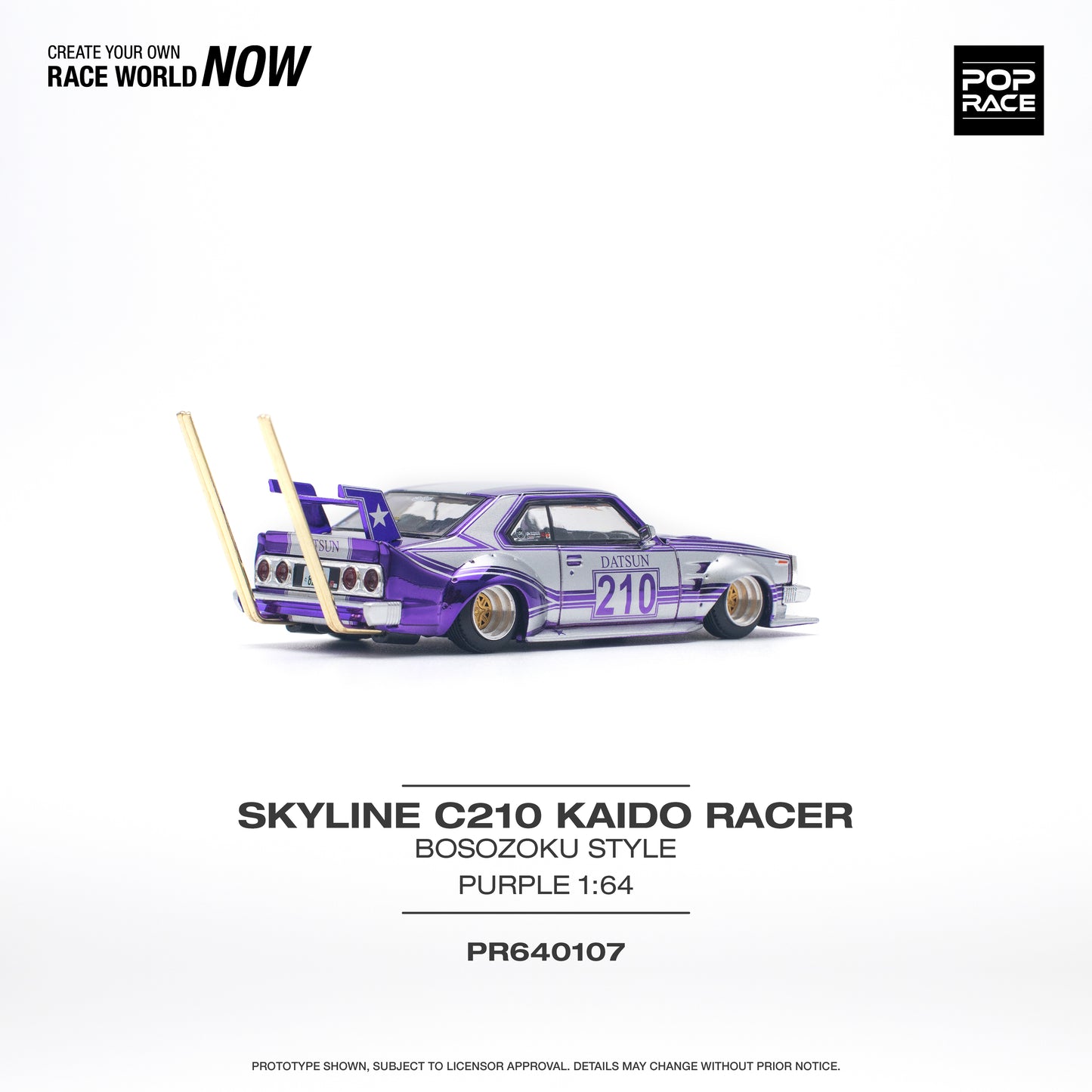 POP RACE Nissan Skyline C210 Kaido Racer (Bosozoku Style) Purple Chrome/Silver 1:64 - PR640107