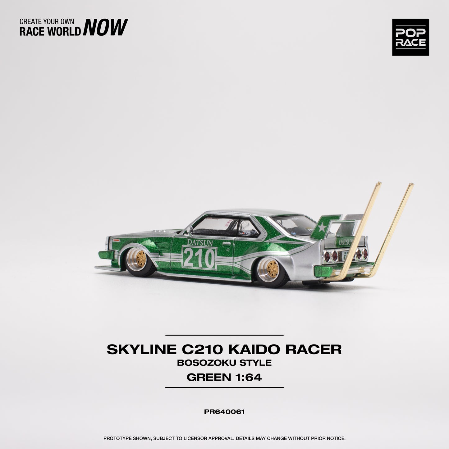 POP RACE Nissan Skyline C210 Kaido Racer (Bosozoku Style) Silver/Green 1:64 - PR640061