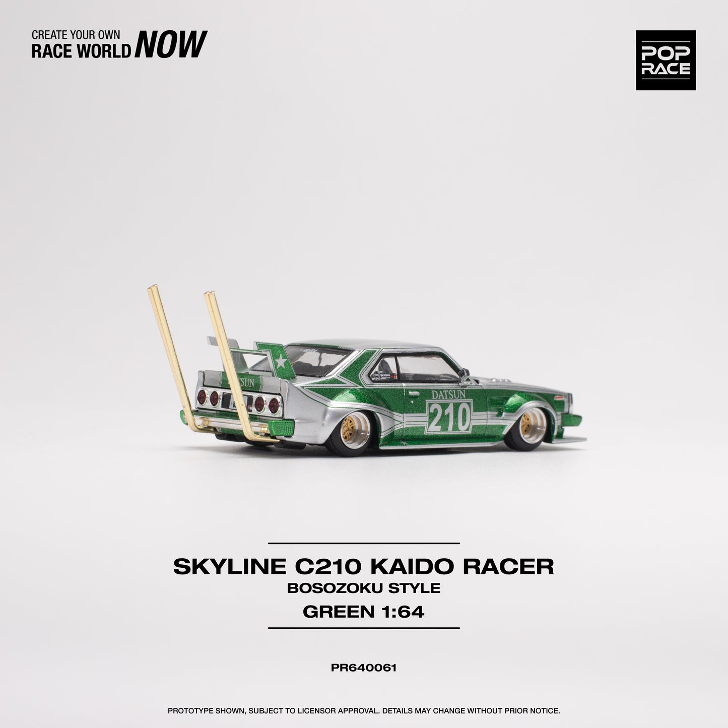 POP RACE Nissan Skyline C210 Kaido Racer (Bosozoku Style) Silver/Green 1:64 - PR640061