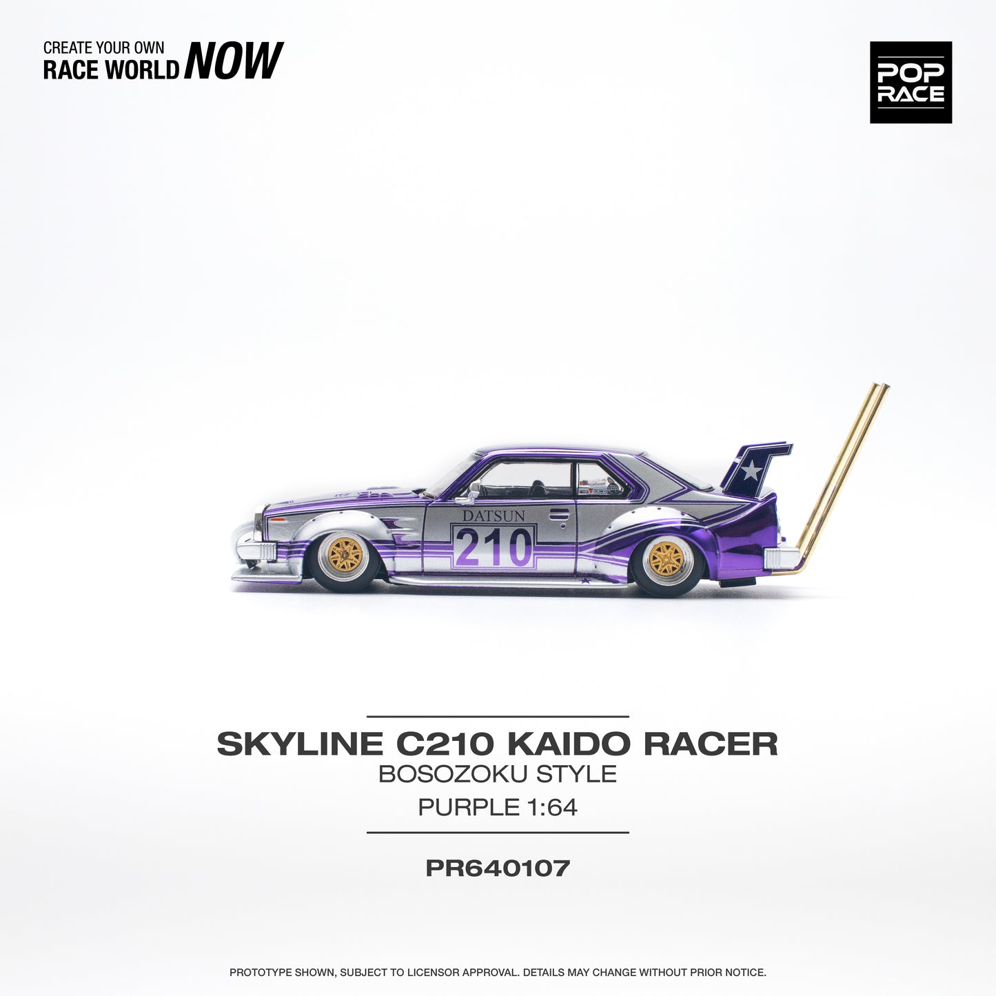 POP RACE Nissan Skyline C210 Kaido Racer (Bosozoku Style) Purple Chrome/Silver 1:64 - PR640107