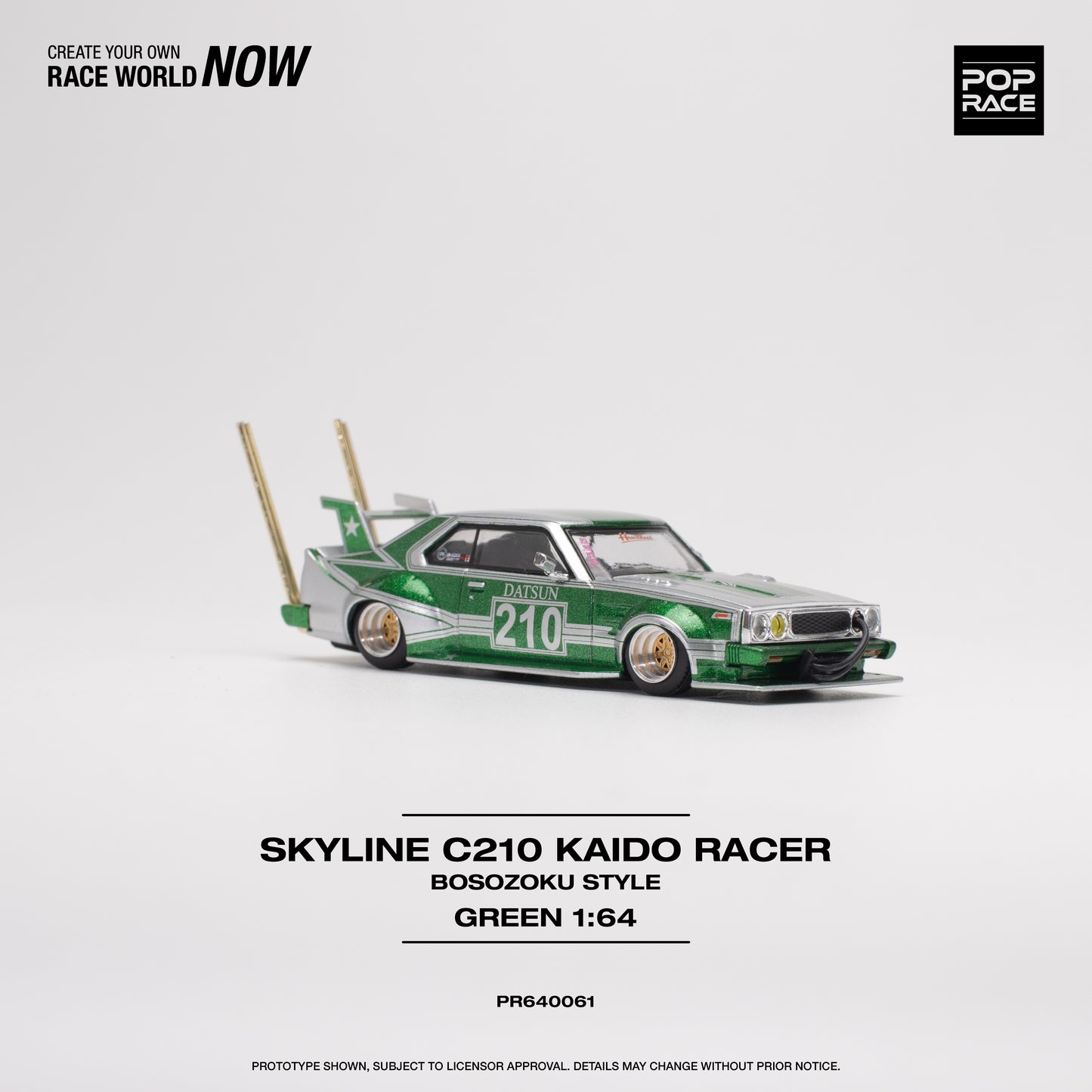 POP RACE Nissan Skyline C210 Kaido Racer (Bosozoku Style) Silver/Green 1:64 - PR640061