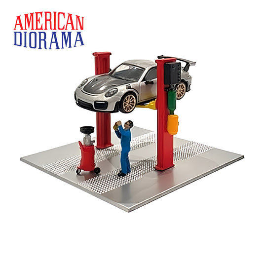 AMERICAN DIORAMA 2 Post Lift with Oil Drainer & Mechanic Figure 1:64 Red- AD-38375