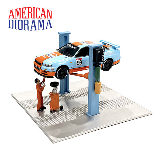 AMERICAN DIORAMA 2 Post Lift with Oil Drainer & Mechanic Figure 1:64 Blue - AD-38379