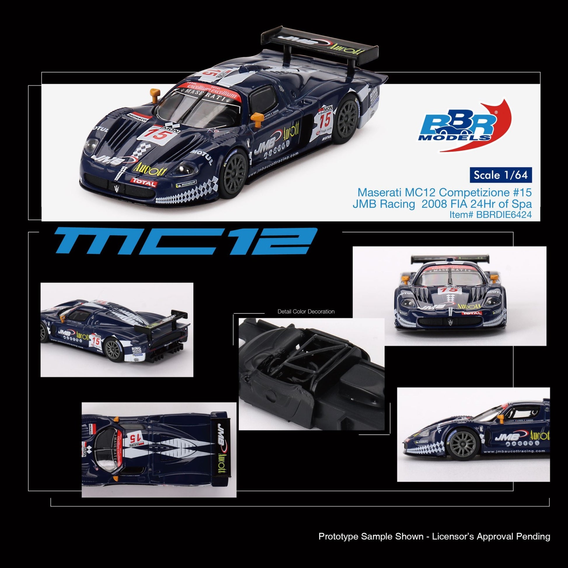 BBR MODELS Maserati MC12 Competizione #15 JMB Racing 2008 24hr of Spa 1:64 - BBRDIE64124