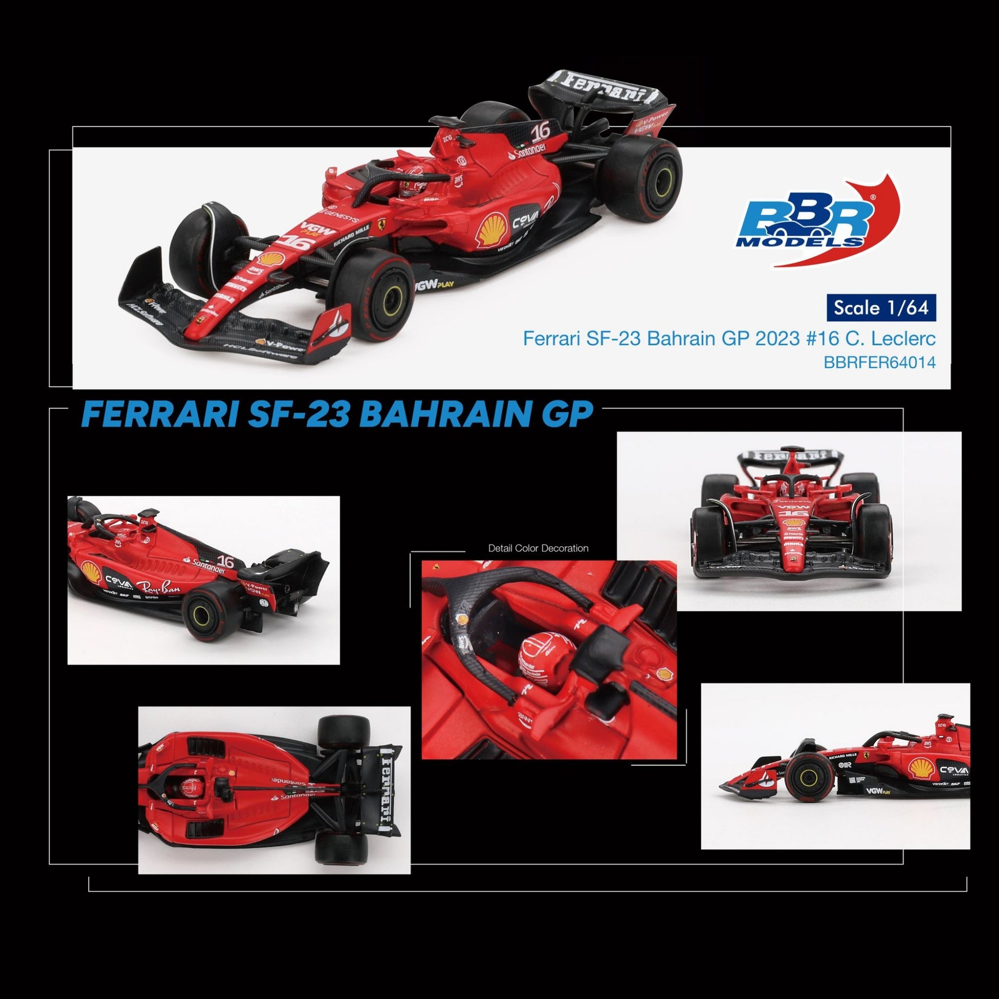 BBR MODELS Ferrari SF23 #16 C. Leclerc 2023 Bahrain GP 1:64 - BBRFER64014