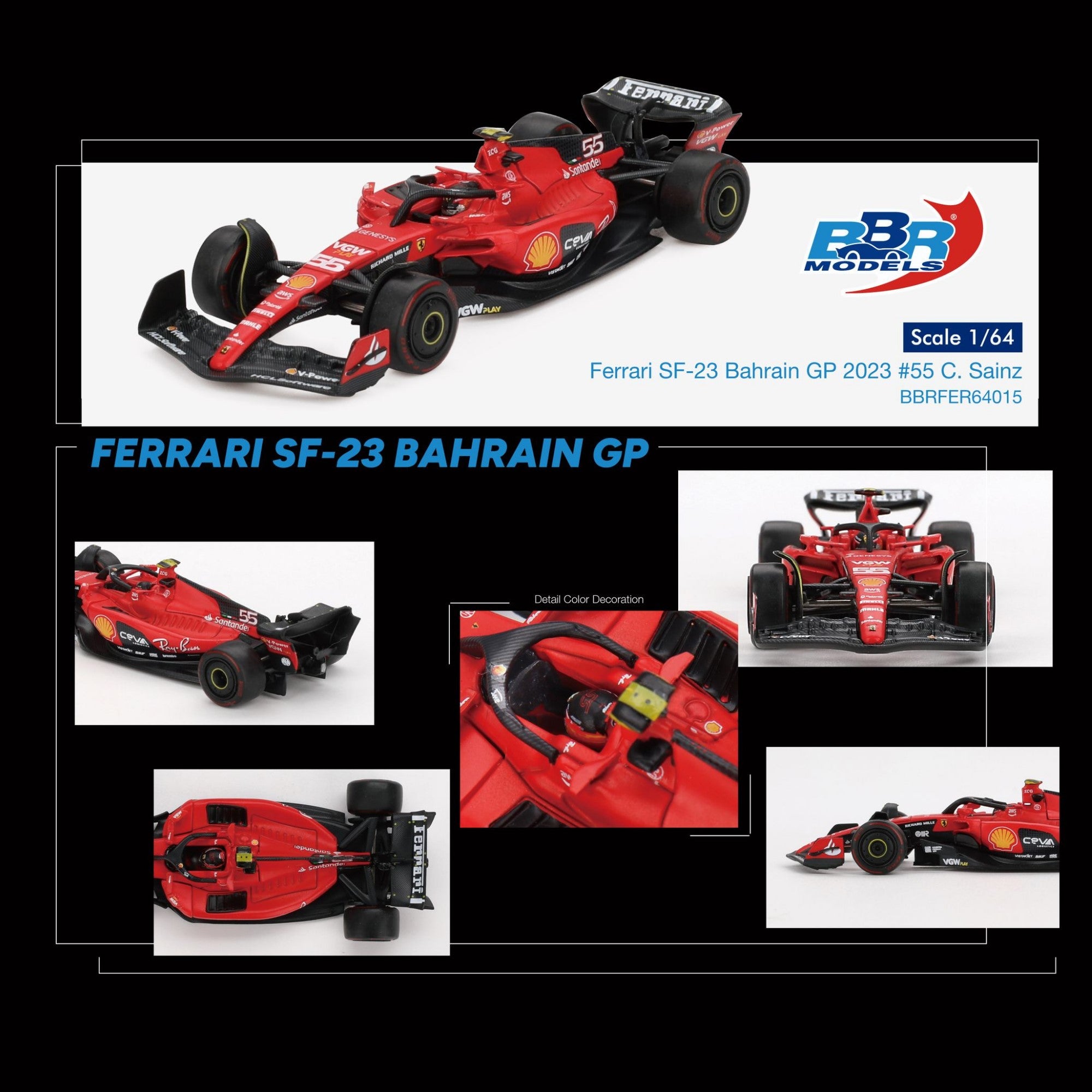 BBR MODELS Ferrari SF23 55 C. Sainz 2023 Bahrain GP 1 64 BBRFER6401 CX Models