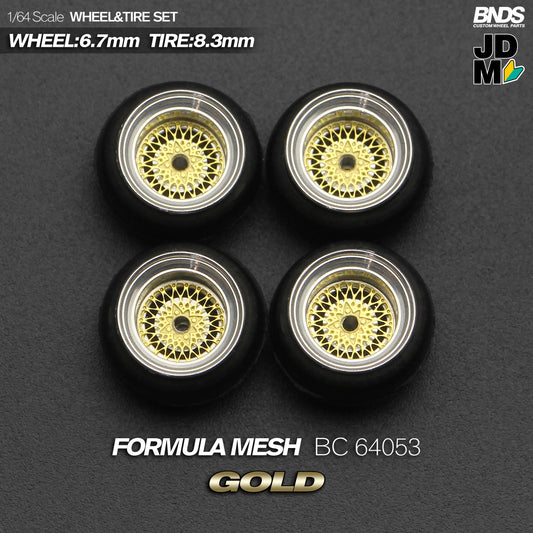 BNDS Die-Cast Wheels and Tyre Set - SSR Formula Mesh Gold Alloy Classic 15-inch/8.3mm 1/64 - BC64053