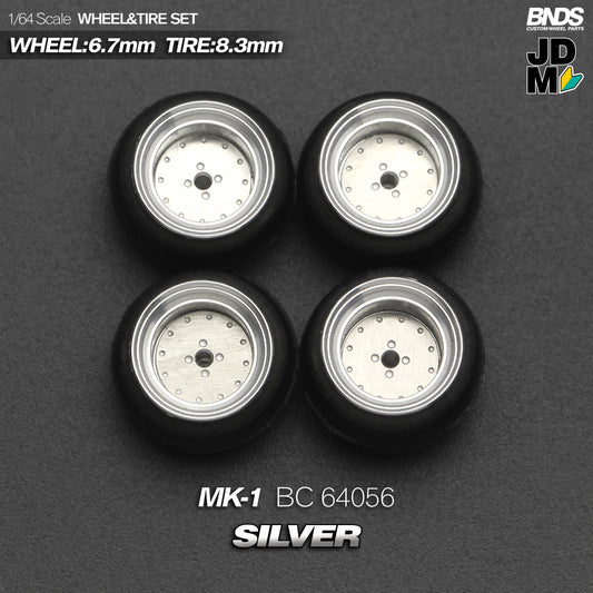 BNDS Die-Cast Wheels and Tyre Set - SSR MK-I Silver Alloy Classic 15-inch/8.3mm 1/64 - BC64056