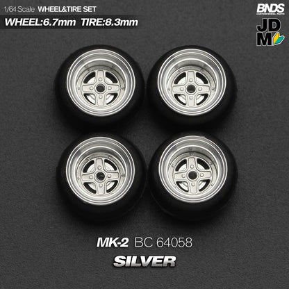 BNDS Die-Cast Wheels and Tyre Set - SSR MK-II Silver Alloy Classic 15-inch/8.3mm 1/64 - BC64058