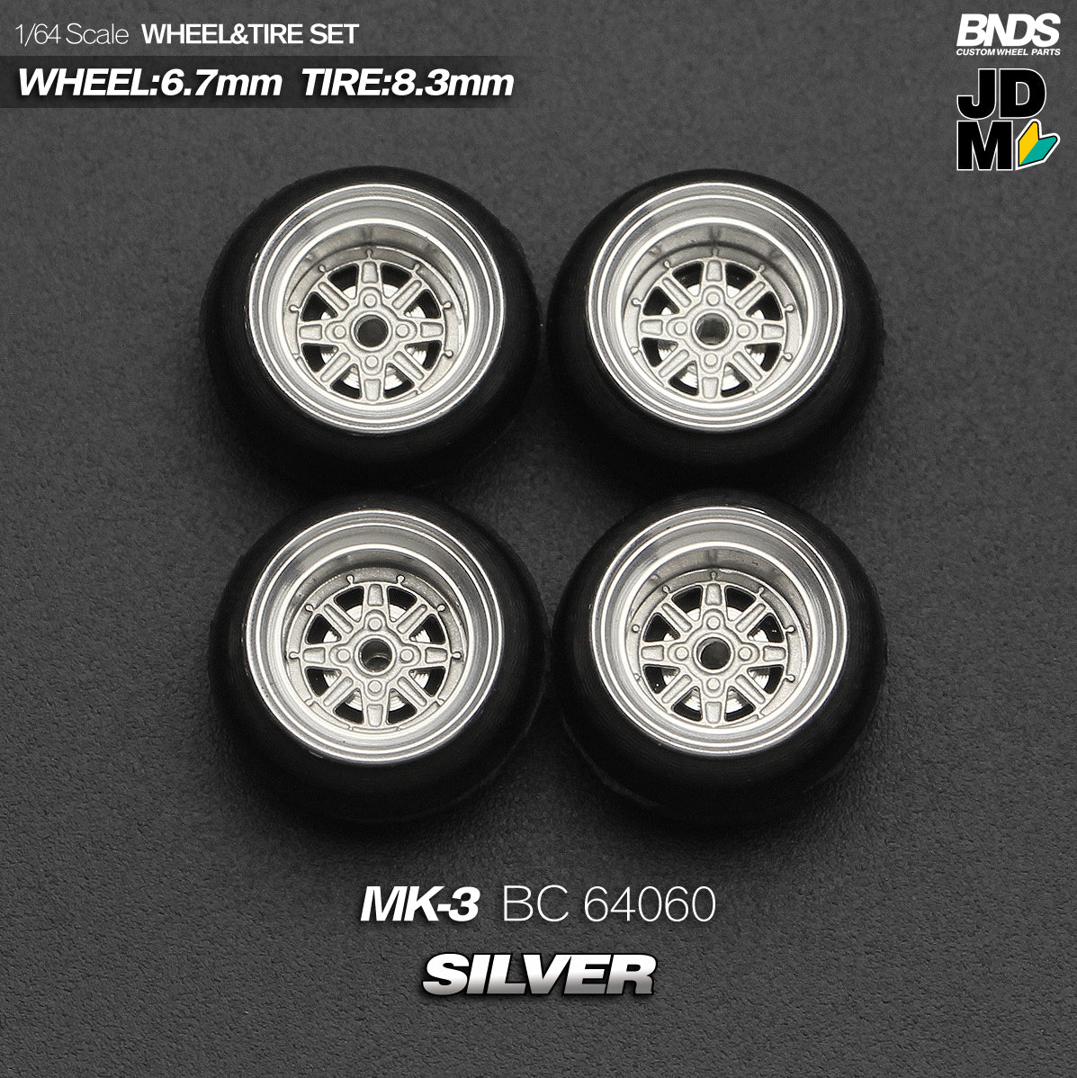 BNDS Die-Cast Wheels and Tyre Set - SSR MK-III Silver Alloy Classic 15-inch/8.3mm 1/64 - BC64060