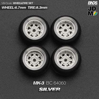 BNDS Die-Cast Wheels and Tyre Set - SSR MK-III Silver Alloy Classic 15-inch/8.3mm 1/64 - BC64060