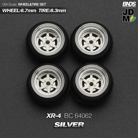 BNDS Die-Cast Wheels and Tyre Set - SSR XR-4 Silver Alloy Classic 15-inch/8.3mm 1/64 - BC64062