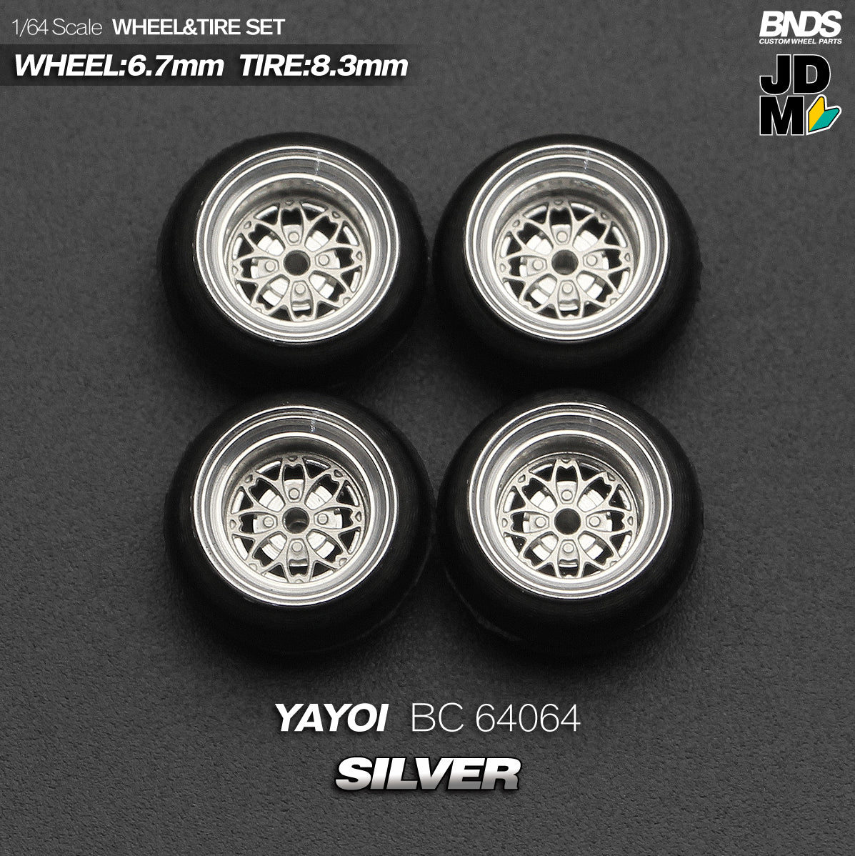 BNDS Die-Cast Wheels and Tyre Set - Hayashi Yayoi Silver Alloy Classic 15-inch/8.3mm 1/64 - BC64064