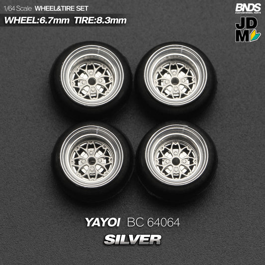 BNDS Die-Cast Wheels and Tyre Set - Hayashi Yayoi Silver Alloy Classic 15-inch/8.3mm 1/64 - BC64064