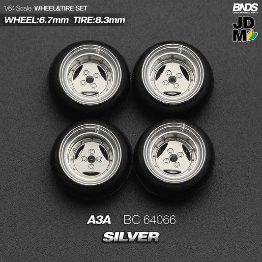 BNDS Die-Cast Wheels and Tyre Set - Advan A3A Silver Alloy Classic 15-inch/8.3mm 1/64 - BC64066