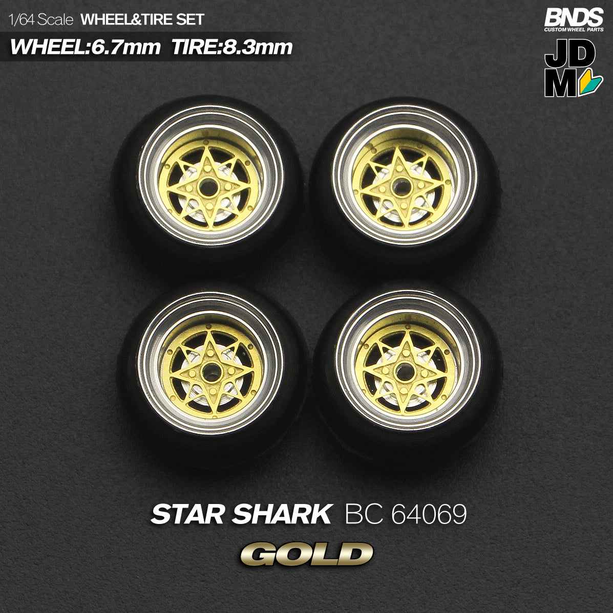 BNDS Die-Cast Wheels and Tyre Set - SSR Star Shark Gold Alloy Classic 15-inch/8.3mm 1/64 - BC64069