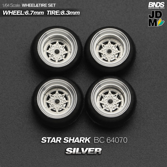 BNDS Die-Cast Wheels and Tyre Set - SSR Star Shark Silver Alloy Classic 15-inch/8.3mm 1/64 - BC64070