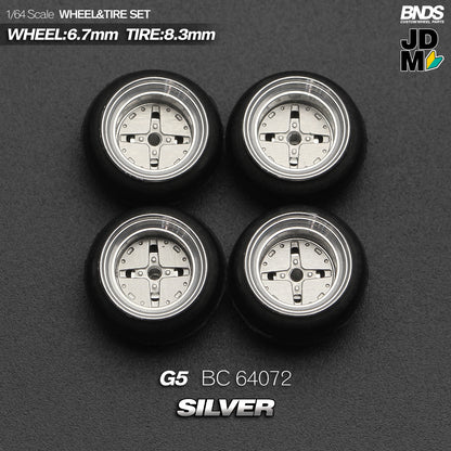 BNDS Die-Cast Wheels and Tyre Set - Hoshino G5 Silver Alloy Classic 15-inch/8.3mm 1/64 - BC64072