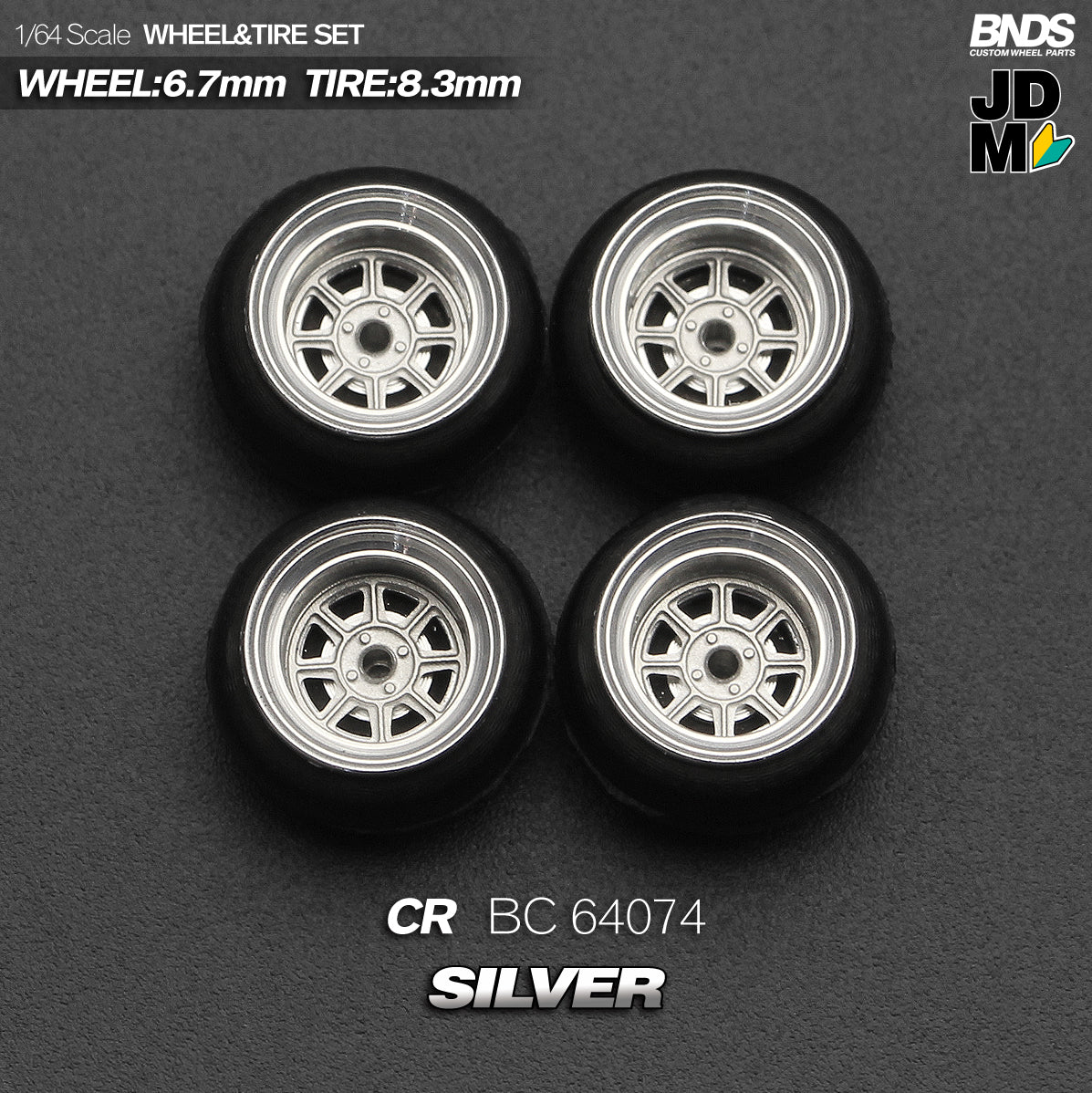 BNDS Die-Cast Wheels and Tyre Set - Hayashi CR Silver Alloy Classic 15-inch/8.3mm 1/64 - BC64074