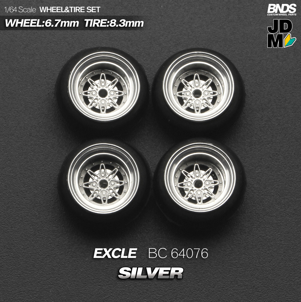 BNDS Die-Cast Wheels and Tyre Set - Work Equip Excel Silver Alloy Classic 15-inch/8.3mm 1/64 - BC64076