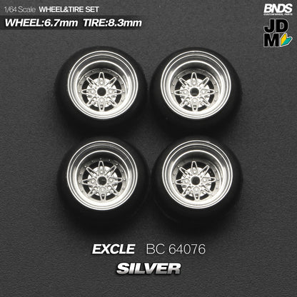 BNDS Die-Cast Wheels and Tyre Set - Work Equip Excel Silver Alloy Classic 15-inch/8.3mm 1/64 - BC64076