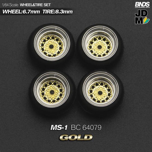 BNDS Die-Cast Wheels and Tyre Set - Manaray MS-I Gold Alloy Classic 15-inch/8.3mm 1/64 - BC64079