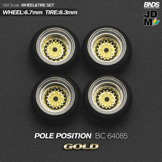 BNDS Die-Cast Wheels and Tyre Set - Pole Position Gold Alloy Classic 15-inch/8.3mm 1/64 - BC64085