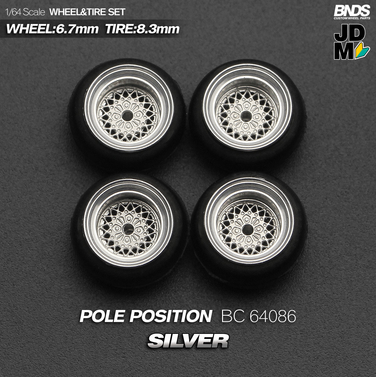 BNDS Die-Cast Wheels and Tyre Set - Pole Position Silver Alloy Classic 15-inch/8.3mm 1/64 - BC64086