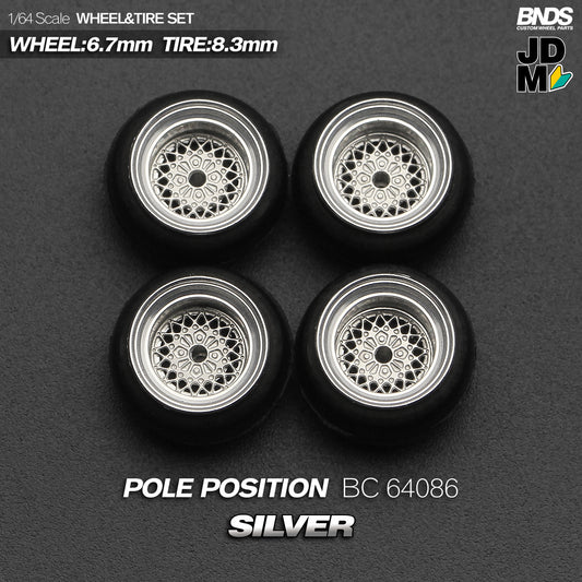 BNDS Die-Cast Wheels and Tyre Set - Pole Position Silver Alloy Classic 15-inch/8.3mm 1/64 - BC64086