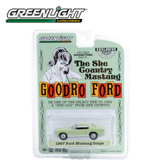 GREENLIGHT 1967 Ford Mustang Coupe "She Country Special" - Bill Goodro Ford, Denver, Colorado - Limelite Green 1:64 - 30353