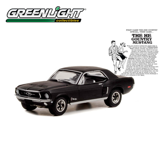 GREENLIGHT 1968 Ford Mustang Coupe "He Country Special" - Bill Goodro Ford, Denver, Colorado - Stealth Black 1:64 - 30354