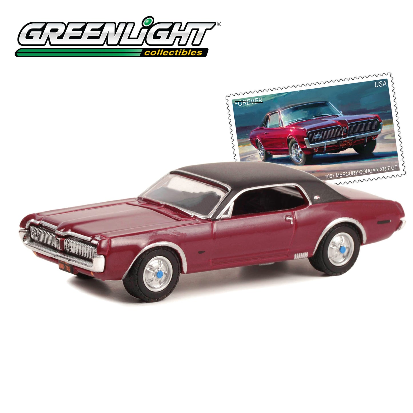 GREENLIGHT 1967 Mercury Cougar XR-7 GT - United States Postal Service (USPS): 2022 Pony Car Stamp Collection by Artist Tom Fritz 1:64 - 30371