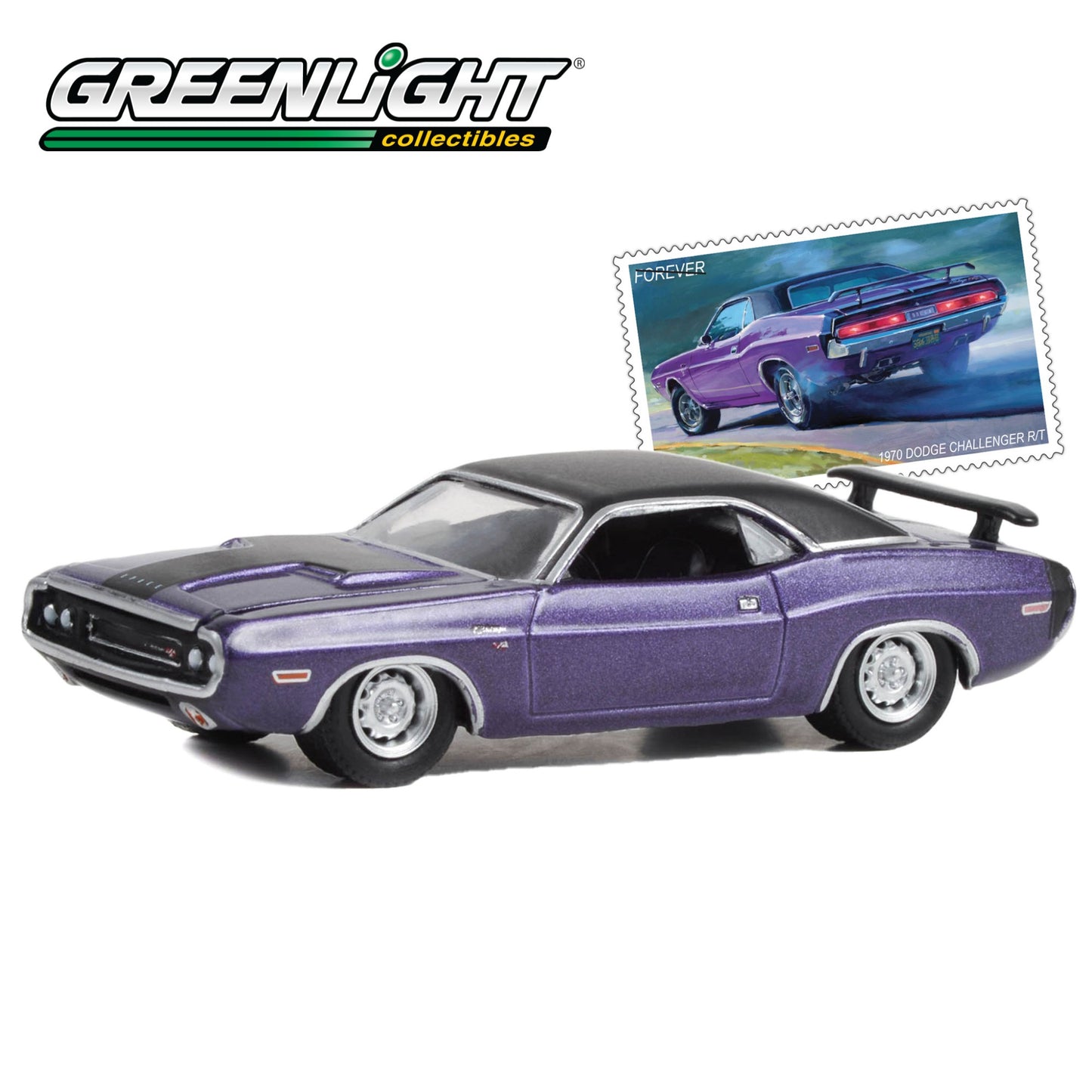 GREENLIGHT 1970 Dodge Challenger R/T - United States Postal Service (USPS): 2022 Pony Car Stamp Collection by Artist Tom Fritz 1:64 - 30374