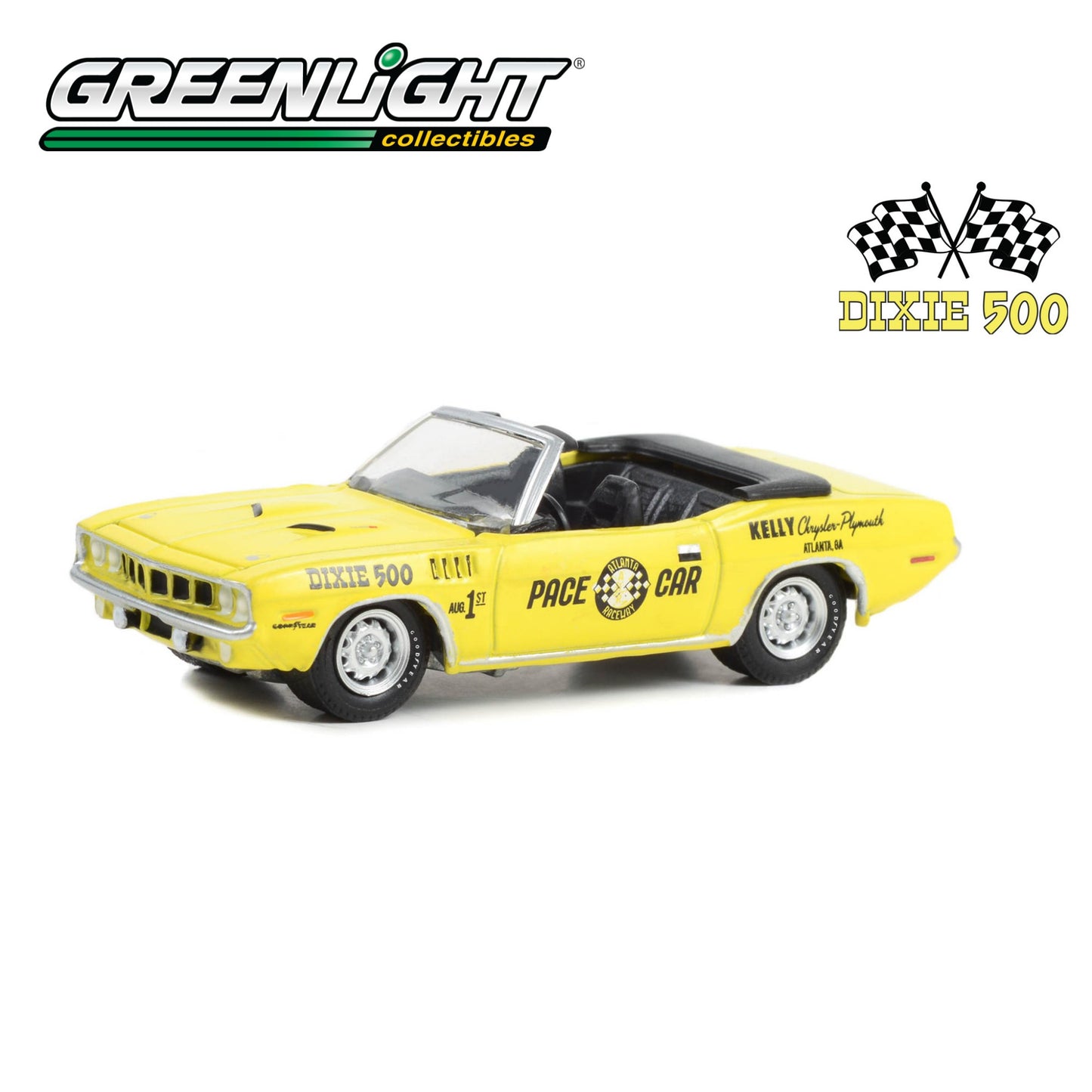 GREENLIGHT 1971 Plymouth Barracuda Convertible - Dixie 500 Pace Car - Kelly Chrysler Plymouth, Atlanta, Georgia 1:64 - 30394