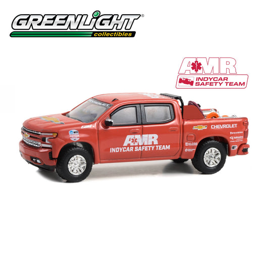 GREENLIGHT 2021 Chevrolet Silverado - 2021 NTT IndyCar Series AMR IndyCar Safety Team in Red with Safety Equipment in Truck Bed 1:64 - 30404