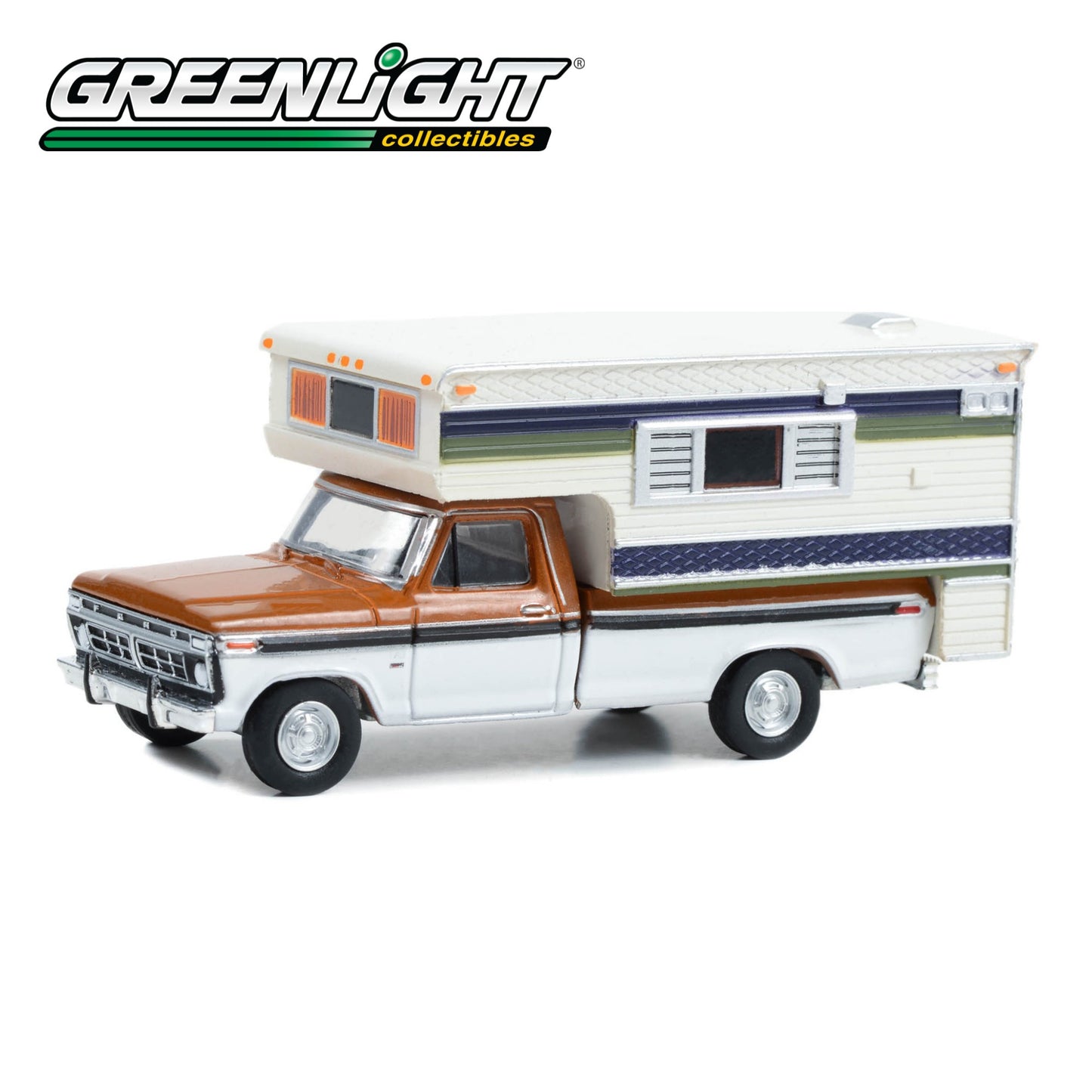 GREENLIGHT 1976 Ford F-250 Camper Special with Large Camper - Nectarine Poly and Wimbledon White Deluxe Tu-Tone 1:64 - 30406