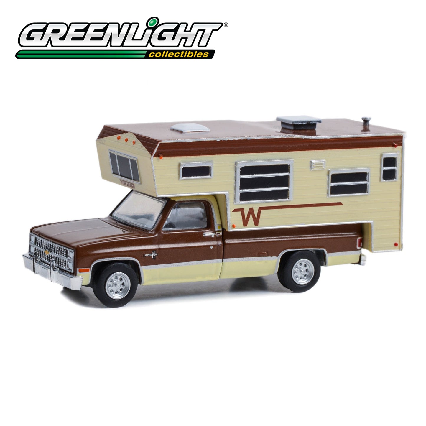 GREENLIGHT 1982 Chevrolet C20 Silverado Camper Special with Winnebago Slide-In Camper - Dark Chestnut Metallic and Santa Fe Tan Deluxe Two-Tone 1:64 - 30407