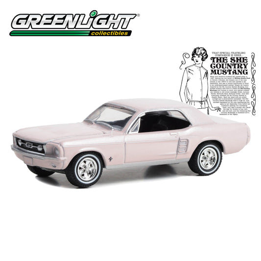 GREENLIGHT 1967 Ford Mustang Coupe "She Country Special" - Bill Goodro Ford, Denver, Colorado - Bermuda Sand 1:64 - 30427