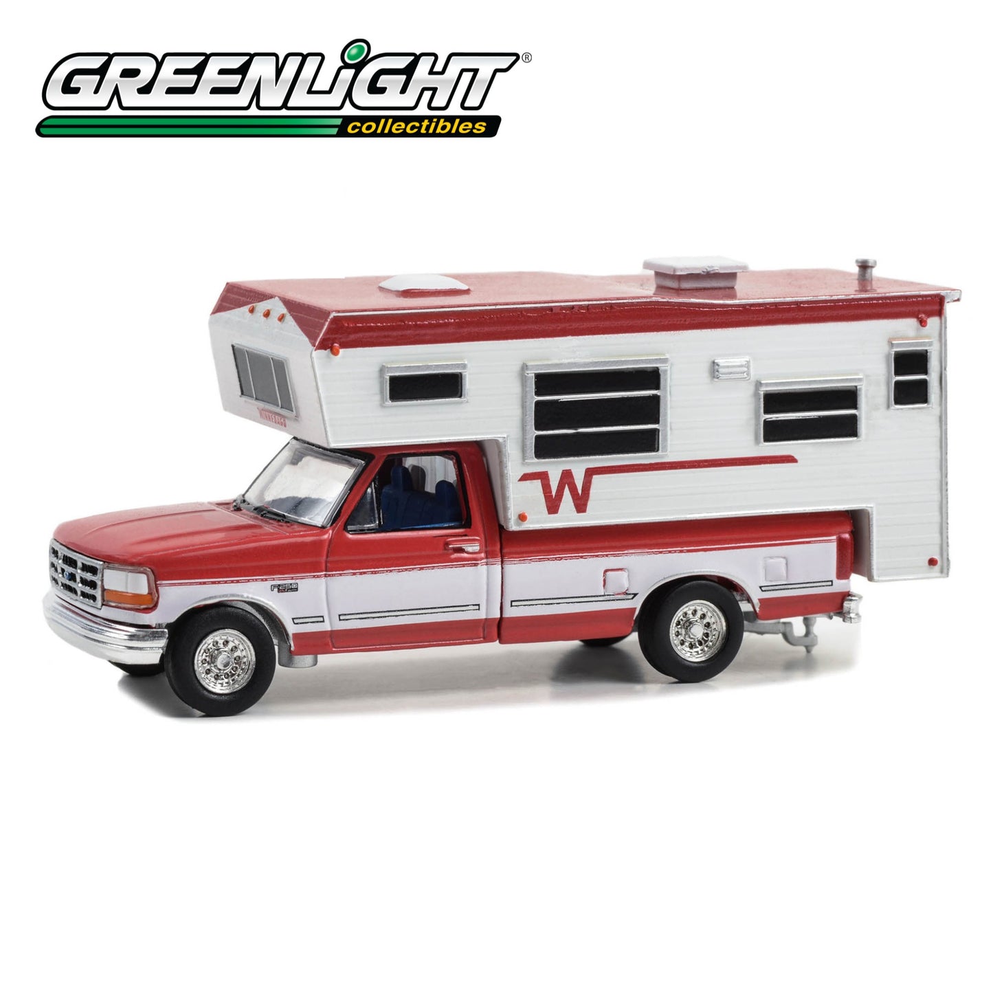 GREENLIGHT 1995 Ford F-250 Long Bed with Winnebago Slide-In Camper - Bright Red and Oxford White 1:64 - 30449