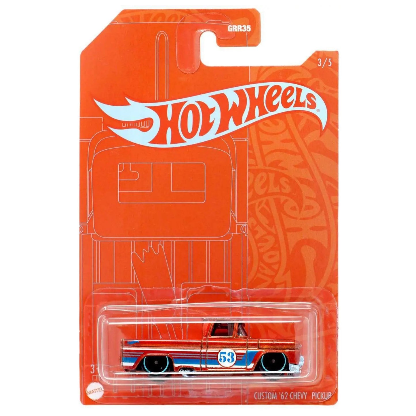 2021 HOT WHEELS 53rd Anniversary Orange and Blue Series Custom '62 Chevy Pickup 1:64 3/5 - GRR38