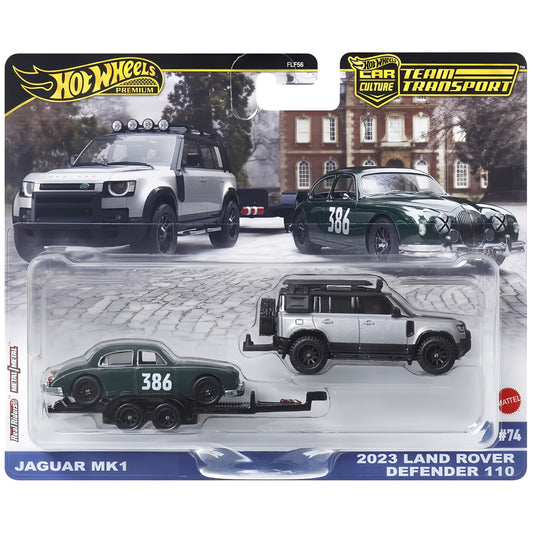 HOT WHEELS Premium Team Transport - Jaguar Mk1/2023 Land Rover Defender 110 & HW Rally Trailer #74 1:64 - JBM29