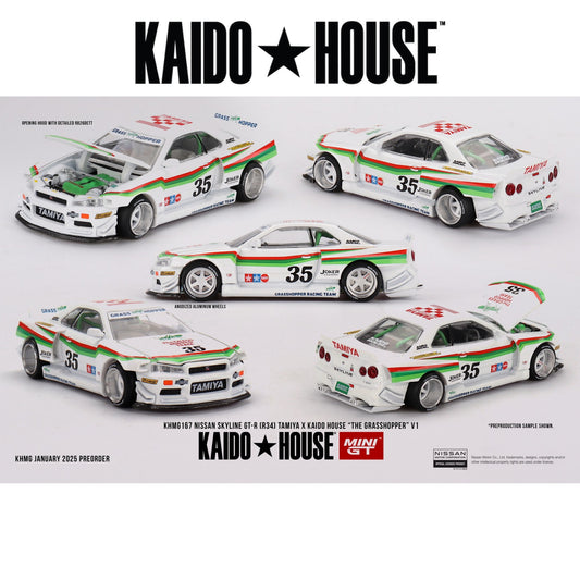 MINI GT Nissan Skyline GT-R (R34) TAMIYA x KAIDO HOUSE "The GRASSHOPPER" V1 1:64 - KHMG167