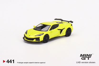 MINI GT Chevrolet Corvette Z06 2023 Accelerate Yellow LHD/RHD #441 1:64 - MGT00441