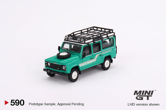 MINI GT Land Rover Defender 110 1985 County Station Wagon Trident Green LHD/RHD #590 1:64 - MGT00590